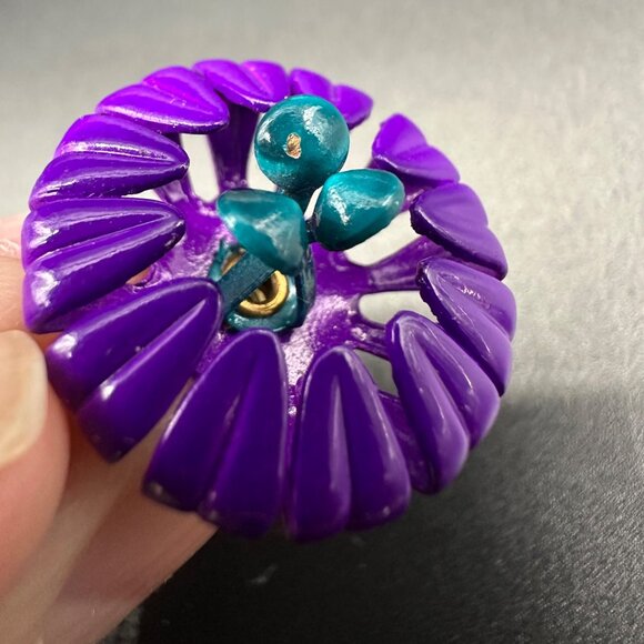 Vintage Flower Power Clip On Earrings Purple Turquoise 60s Retro Enamel Jewely - Picture 5 of 7